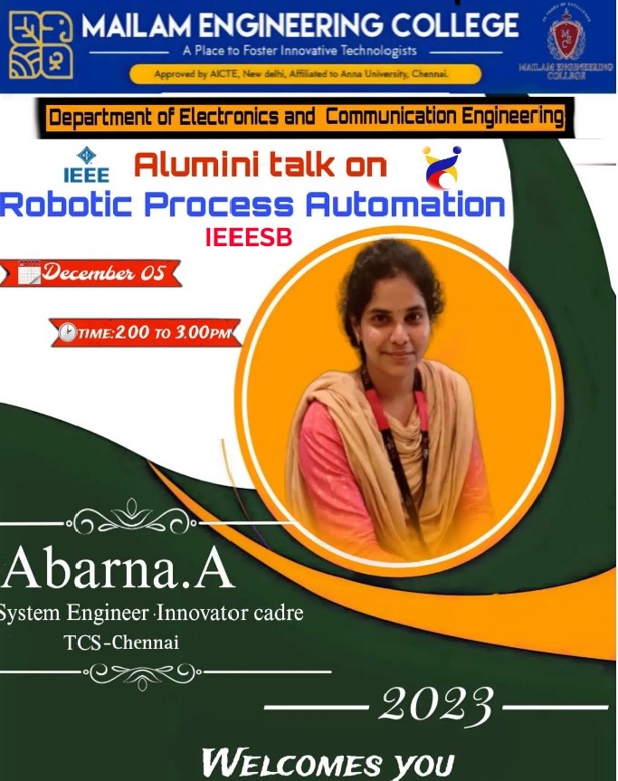 Alumni talk on "Robotic Process Automation" by Ms.Abarna  System Engineer Innovator-cadre, TCS, Chennai was organized on 05.12.2023