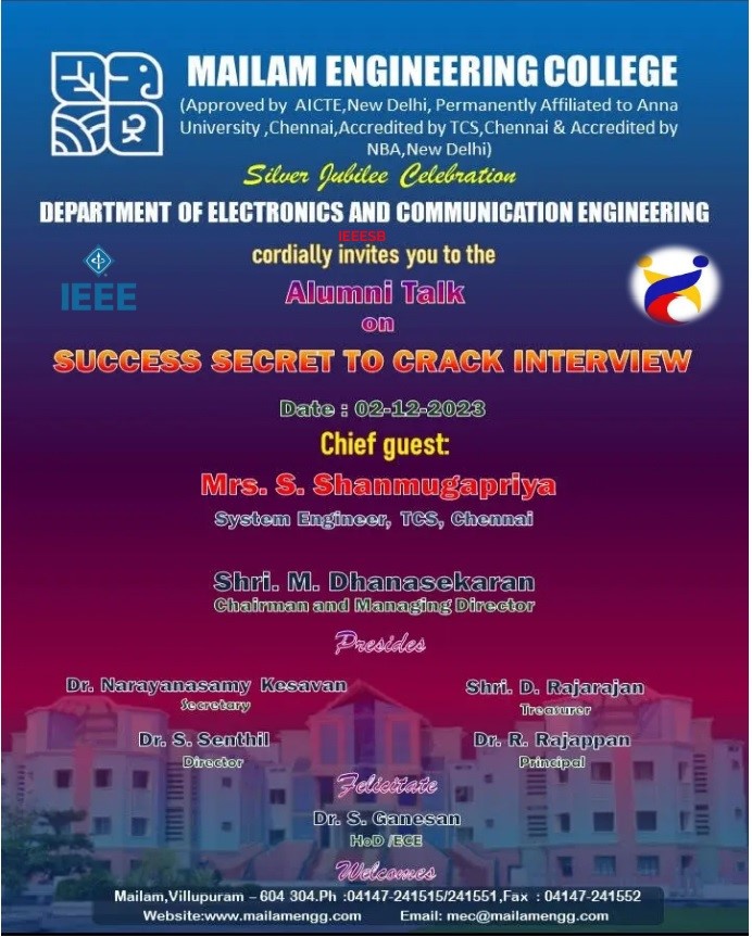 Alumni talk on "Success Secret to crack Interview" by Mrs.S.Shanmugapriya, System Engineer , TCS, Chennai , was conducted on 02.12.2023