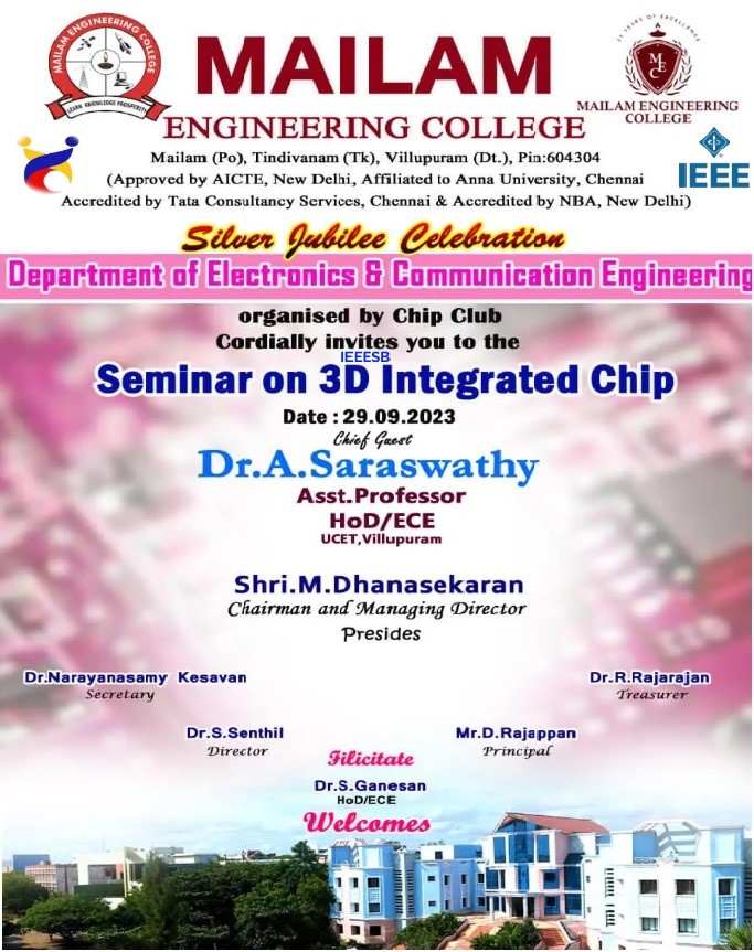 the Department of Electronics and Communication Engineering is organized "Technical Seminar in the topic of 3D Integrated Chip " under Chip Club activity on 29.09.2023