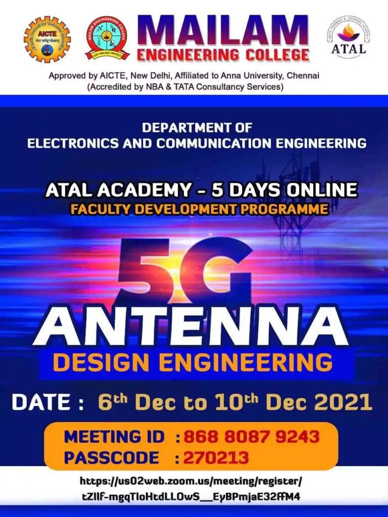 The Department of Electronics and Communication organized five days online faculty Development programme on “5G Antenna Design Engineering” sponsored by AICTE, Government of India, during the month of Dec 2021 – 6.12.2021 to 10.12.2021.