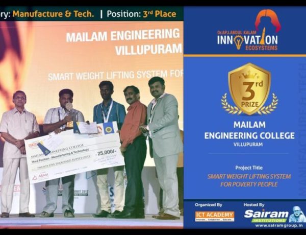 Our Students Vijayasankar and Boopathy received third prize from Innovation Challenge organized by ICT Academy 2018