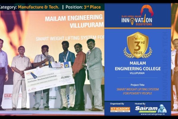 Our Students Vijayasankar and Boopathy received third prize from Innovation Challenge organized by ICT Academy 2018